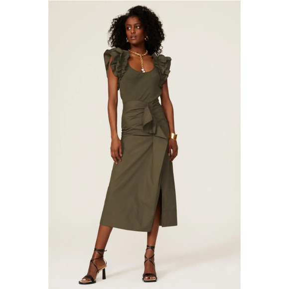 Ulla Johnson Isabella Ruffle Dress Military Melange Green Size P XS